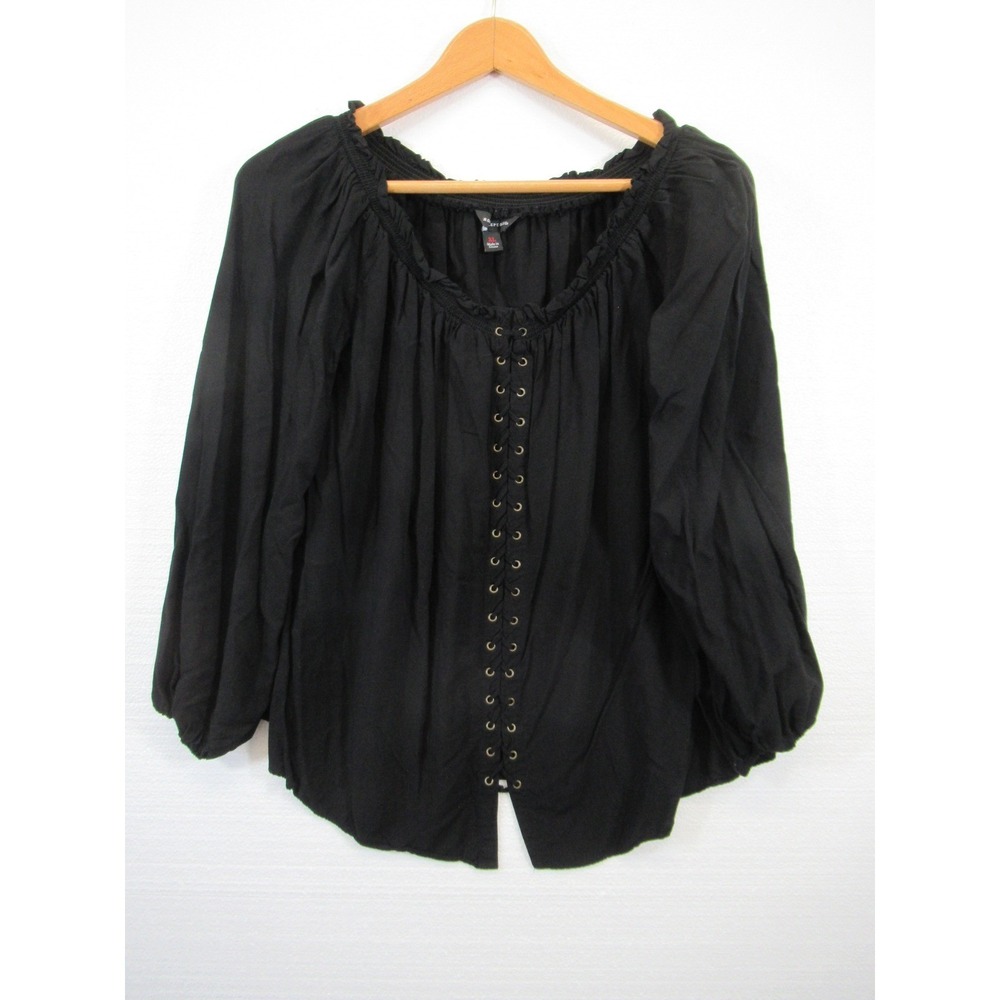Rock & Republic Lace-Up Blouse Women XL Black Pirate Ruffle Goth